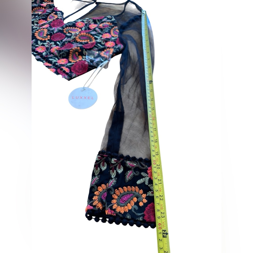 LUXXEL Embroidered Mesh Crop Top Sheer Sleeve Bustier Festival NWT M/L Summer - Picture 6 of 14